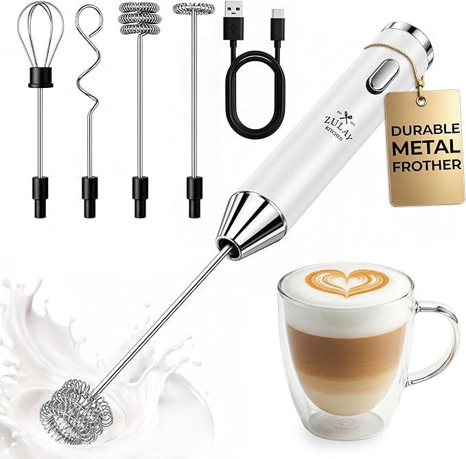 Zulay Kitchen Metal Rechargeable Milk Frother, 3 Whisk Attachments Handheld Frother Wand, 1800mAh USB-C Charging, Electric Drink Mixer for Protein, Matcha & Powders - One Charge Lasts up to 6 Months