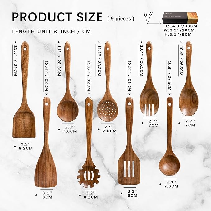 Wooden Spoons for Cooking, Nonstick Cooking Utensil Set with 9 Piece Acacia Wooden Spatulas and Spoons for Cooking, Terrific for Everyday Kitchen Tasks