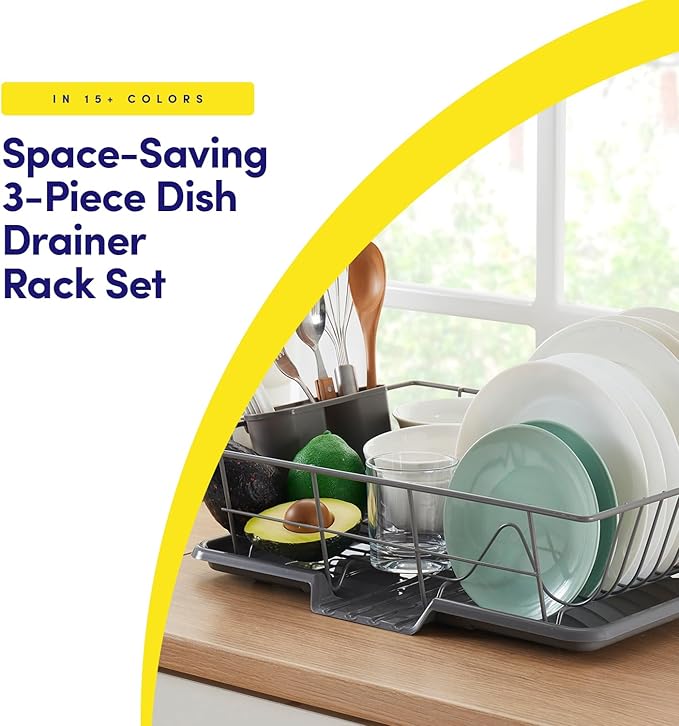 Sweet Home Collection Space-Saving 3-Piece Dish Drainer Rack Set: Efficient Kitchen Organizer for Quick Drying and Storage - Includes Cutlery Holder and Drainboard - Maximize Countertop Space, Gray