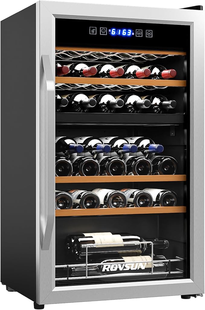 ROVSUN 33 Bottle Wine Fridge, Dual Zone Wine and Beverage Refrigerator with Independent Temp & LED Control Panel, Freestanding Wine Cooler Chiller for Red White Wine, Champagne, Beer