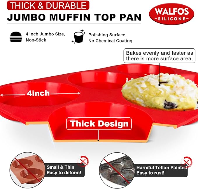 Walfos Silicone Muffin Top Pans for Baking 4inch Jumbo Size, Perfect Results Premium Non-Stick Bakeware Egg Baking Pan, Great for Eggs, Hamburger Bun, Muffin Top and More, Food Grade & BPA Free, 2pcs