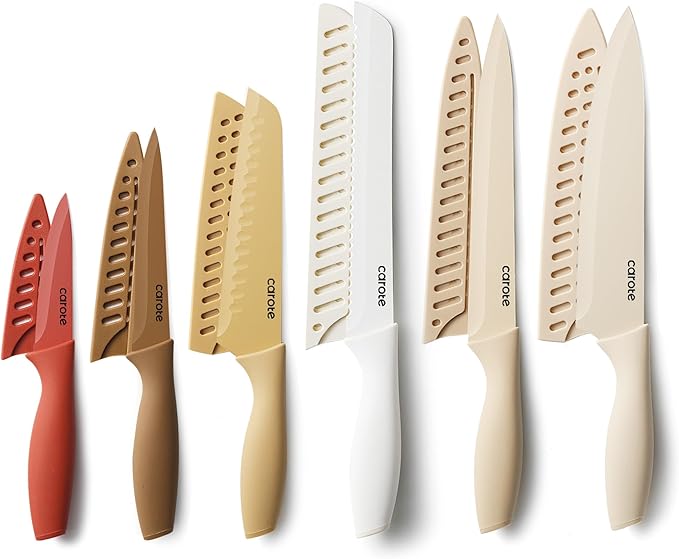 CAROTE Knife Set, 12 Pieces Kitchen Knife Set, 6 Stainless Steel Knives with Blade Guards & Nonstick Ceramic Coating, Rustproof, Color-Coded, Ergonomic Handles