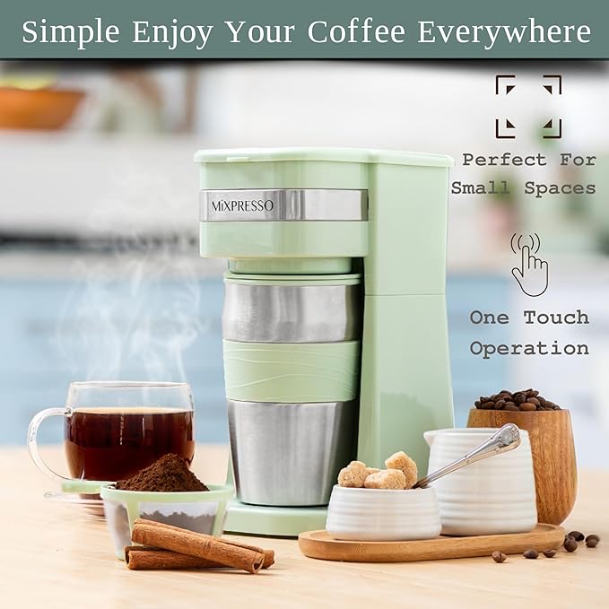 Mixpresso Green Personal Single Serve Coffee Maker with 14oz Travel Mug, Drip Small Coffee Maker with Auto Shut Off, Reusable Filter, Works with Ground Coffee Only – Not for K-Cup Pods