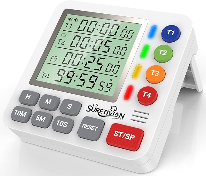 Digital Kitchen Timer for Cooking - 4 Channel Count Up Countdown Timer with Loud Alarm and Silent Mode, Large Display, Magnetic Back, Auto Memory for Classroom Study Gym, Battery Included (White)