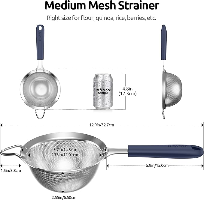 U-Taste Medium Fine Mesh Strainer: 18/8 Stainless Steel 4.73in 30 Mesh Kitchen Food Sieve with Sturdy Riveted Silicone Handle, Heavy Duty Deep Handheld Metal Colander for Rice, Quinoa(Midnight Blue)