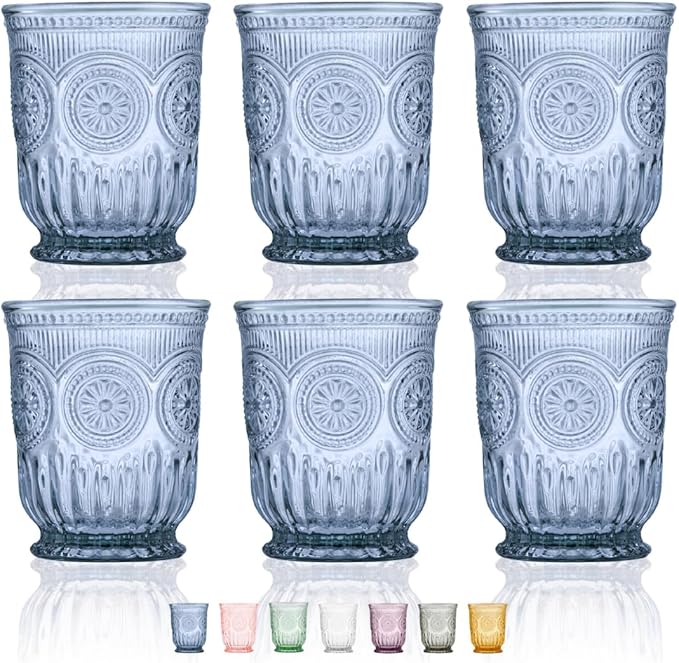 Yungala Blue Glassware set of 6 small dishwasher safe colored glasses, Blue glass cups, matching highball and wine glasses available