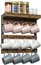 OROPY Coffee Mug Rack Wall Mounted, Rustic Wood Cups Rack with 12 Hooks and Storage Shelf, for Home Kitchen Display and Collection (Rustic Brown)