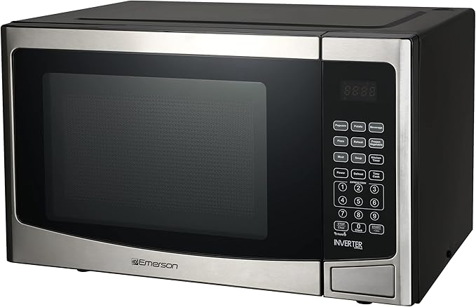 Emerson 1.2 Cu. Ft. Microwave Oven with Inverter, Timer & LED Display, 1000W, 10 Power Levels, 8 Pre-Programmed Settings, Removable Glass Turntable with Child Safe Lock, MWI1212SS, Stainless Steel