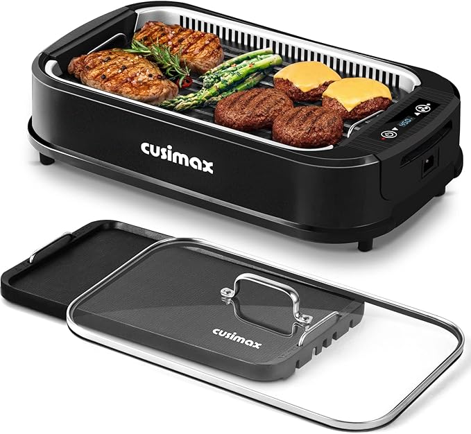 Indoor Grill, CUSIMAX Smokeless Grill Indoor, 1500W Electric Grill Griddle Korean BBQ with LED Smart Display & Tempered Glass Lid, Non-stick Removable Grill Plate & Griddle Plate, Black