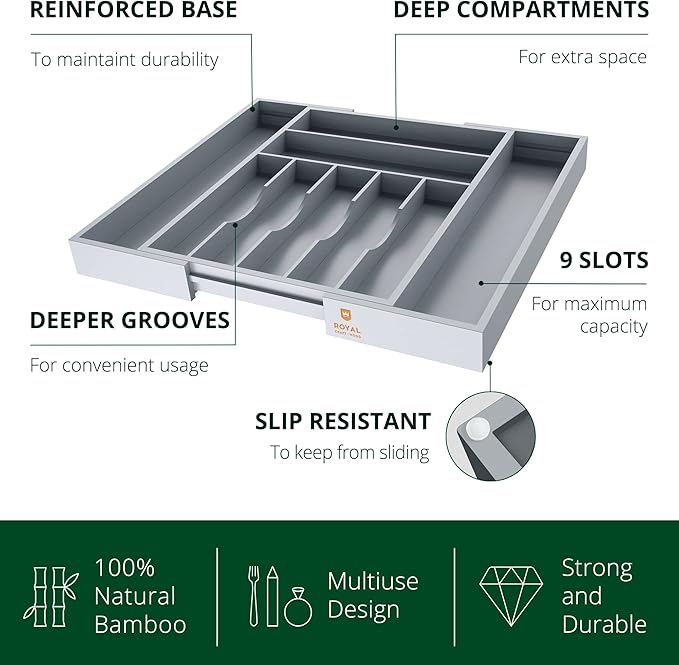 ROYAL CRAFT WOOD Luxury Bamboo Kitchen Drawer Organizer - Silverware Organizer - Utensil Holder and Cutlery Tray with Grooved Drawer Dividers for Flatware and Kitchen Utensils (9 Slot, Gray)
