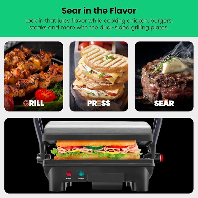 Chefman Electric Panini Press Grill, Compact 2-Slice Sandwich Maker, Non-Stick Coated Plates, Opens 180 Degrees, Dishwasher Safe, Removable Drip Tray, Stainless Steel/Black