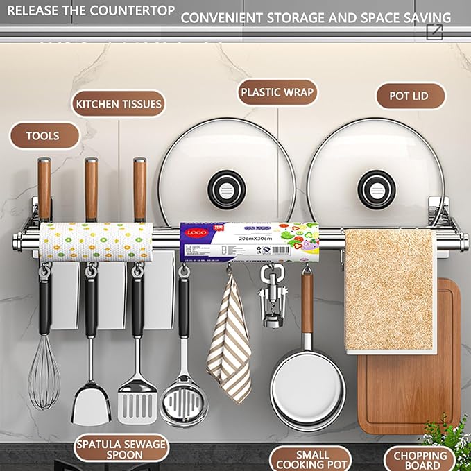 Hanging Wall Mount knife Wall Mount, Kitchen Organizer Storage Shelf for Utensils Spatula Spoon, Space-Saving Knife Rack with Hooks,Wall-Mounted Utensil Holder (Grey, 40CM+Three Poles+6Hooks)