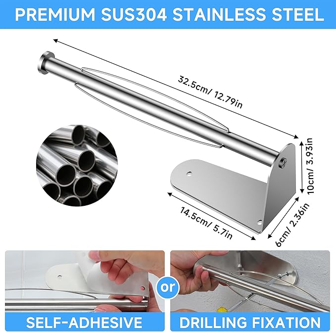 ZUNTO Paper Towel Holder Under Cabinet - Self Adhesive & Drilling, Stainless Steel Wall Mount Paper Towel Rack, One Hand Tear