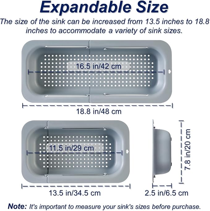 Extendable Sink Colander Strainer Basket - Wash Vegetables and Fruits, Drain Cooked Pasta and Dry Dishes - Adjustable Over the Sink Colander Collapsible Drainer Basket -Gray