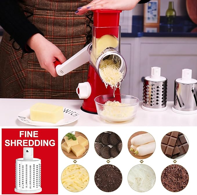 Cambom Rotary Cheese Grater Hand Crank Cheese Shredder for Fresh Cheese, Vegetable, Nuts,Non-slip Suction Base, Free Cleaning Brush Three Blades, Red