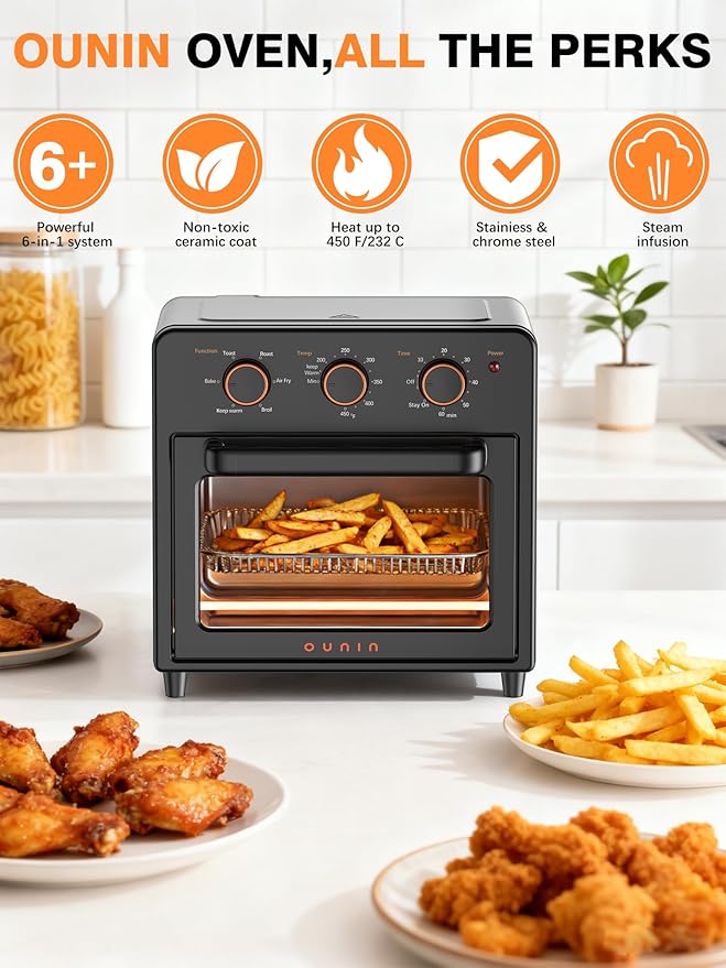 OUNIN Air Fryer & Toaster Oven with Steam Infusion, 12L Compact, Countertop Friendly, Fast Preheat with Bake, Convection Bake, Grill, Broil and Warm Options, 60-Minute Timer, Stainless Steel