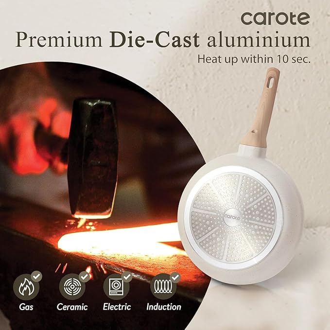 CAROTE Non Stick Frying Pan Skillet,10" Nonstick Fry Pan with Glass Lid, Egg Pan Omelet Pans, Granite Cookware PFOA Free White Granite, 10-Inch