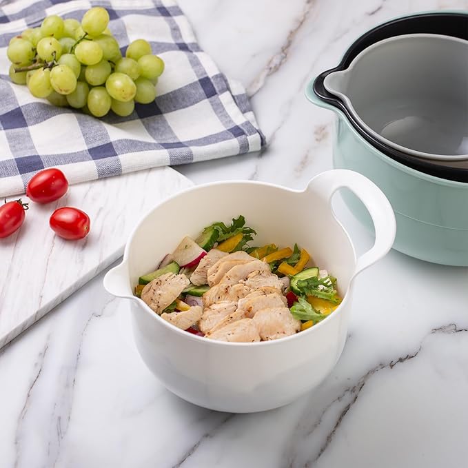 COOK WITH COLOR Nesting Plastic Mixing Bowl Set with Pour Spouts and Handles, Mint, 4 Piece Non-Slip