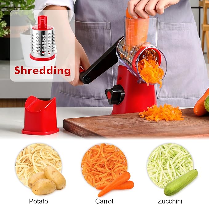 Cheese Grater Rotary, Rotary Grater for Kitchen, Kitchen Grater Vegetable Slicer with 3 Drum Blades, Fast Cutting Cheese Shredder for Vegetables and Nuts