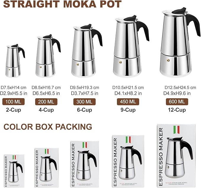 12 Cup Stovetop Espresso Maker Stainless Steel Moka Pot Stove Top Percolator Italian Coffee Makers Capable Mocha Greca Machine Cafe Classic Induction Cookers for Home and Camping 600ml 20oz