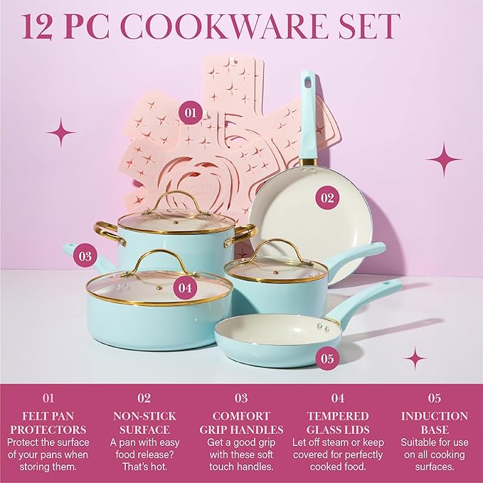 Paris Hilton Epic Nonstick Pots and Pans Set, Multi-layer Nonstick Coating, Tempered Glass Lids, Soft Touch, Stay Cool Handles, Made without PFOA, Dishwasher Safe Cookware Set, 12-Piece, Aqua