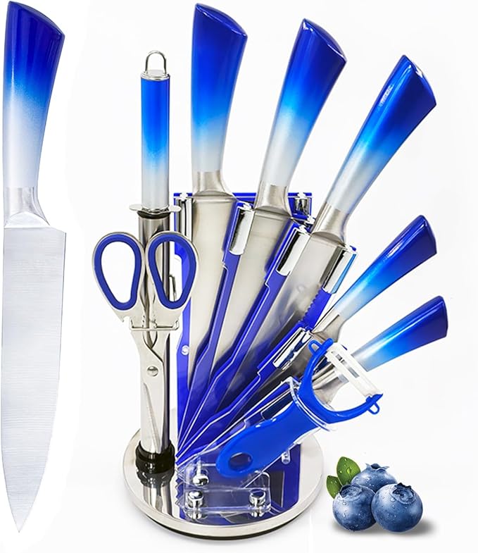 Kitchen Knife Set, 9-Piece Blue Professional Kitchen Knives Set with Acrylic Block, Non Stick Sharp Stainless Steel Chef Knife Set with Sharpener for Cutting Kitchen Gifts for Women