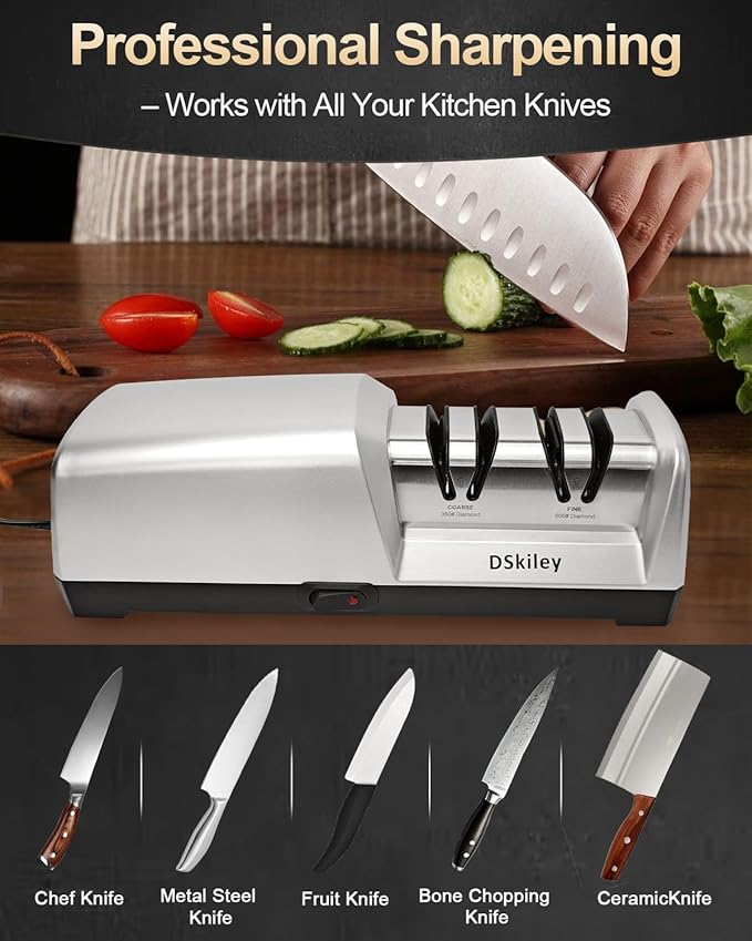 Electric Knife Sharpener for Kitchen – Professional 2-Stage 100% Diamond System with 20° Precision Angle, Fast Sharpening to Restore & Polish Chef Knives (2-Stage Silver)