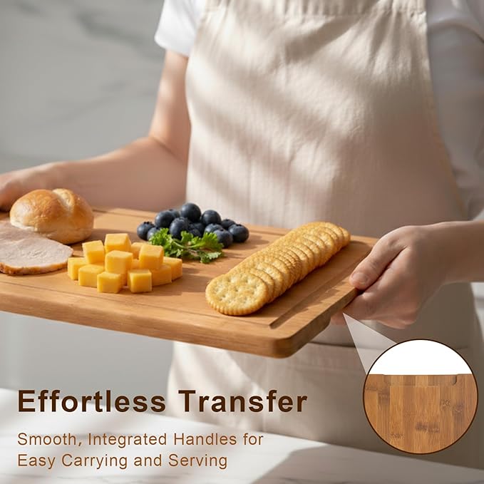 Cutting Board Set with Holder, Space Saving Kitchen Bamboo Chopping Boards, Build in Juice Groove and Grip Handle, Durable Wooden Serving Board for Meal Prep & Charcuterie, Gift Idea