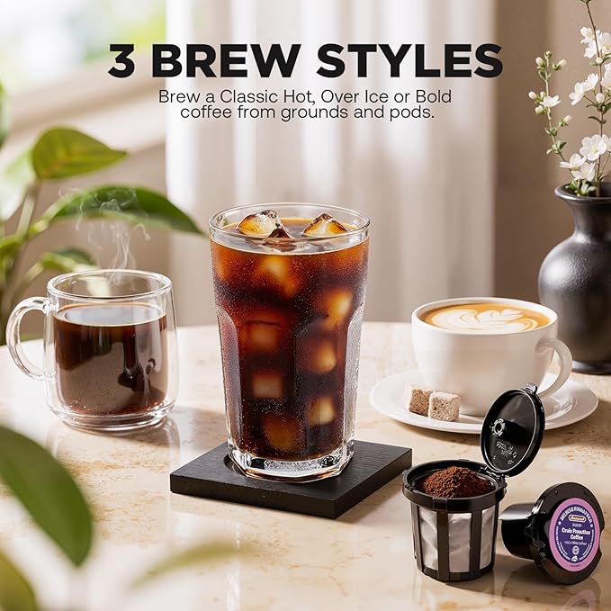 Tastyle Single Serve Coffee Maker Hot and Iced with Bold Brew, Small Coffee Machine for K Cup and Ground, Fits 7.3'' Travel Mug, Brews up to 16 Oz, 5 Cup Sizes, for Office, RV& Hotel, Elegant Black
