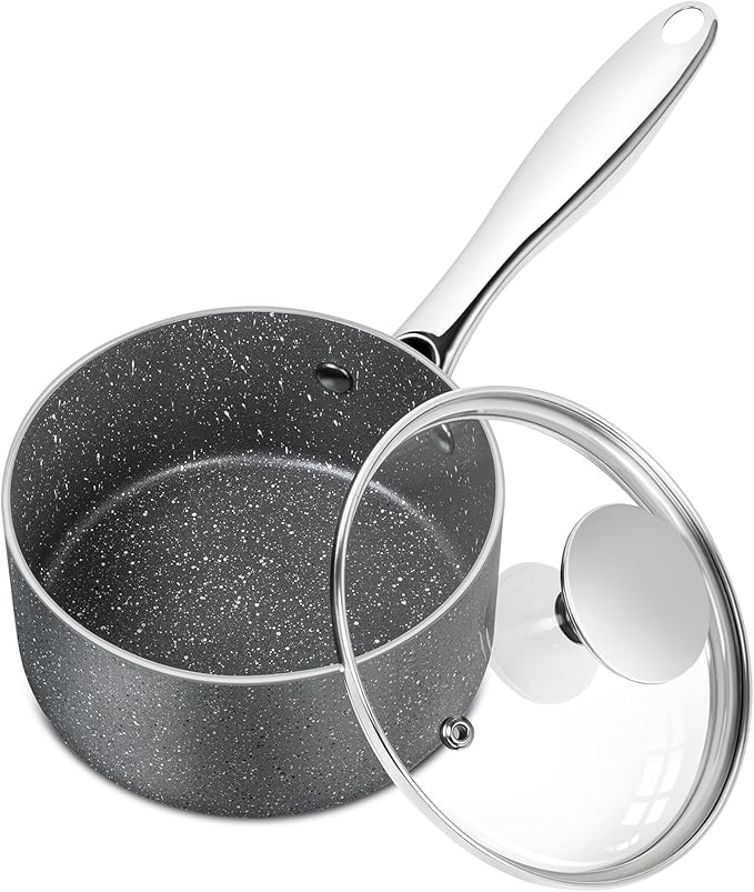 MICHELANGELO Sauce Pan with Lid, 1 Quart Saucepan with Lid Granite, Non Stick Sauce Pan with Stainless Steel Handle, 1 Qt Saucepan with Nonstick Coating, Grey