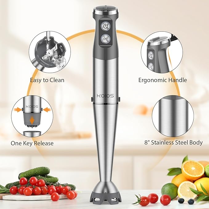 KOIOS Immersion Blender, 1000W Anti-scratch 3-in-1 Hand Blender, Upgraded 12 Speed Stainless Steel Blade Stick Blenders with Turbo Mode, Whisk and Milk Frother, Non-BPA