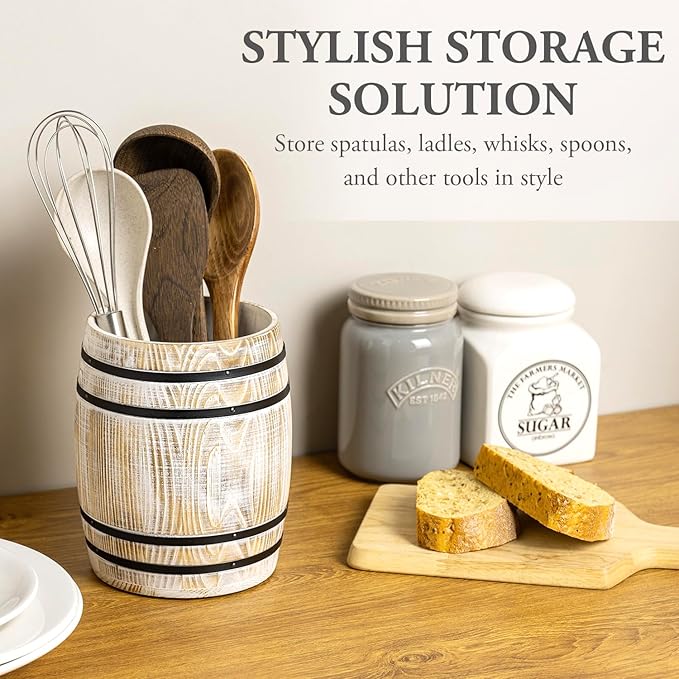 MyGift Wine Barrel Design Kitchen Utensil Holder Crock, Vintage White Washed Solid Wood Cooking Utensils Organizer