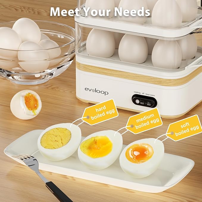 Evoloop Rapid Egg Cooker Electric 12 Eggs Capacity, Soft, Medium, Hard Boiled, Poached, Omelet Maker Egg Poacher & Vegetable Steamer, BPA Free Tray（white）