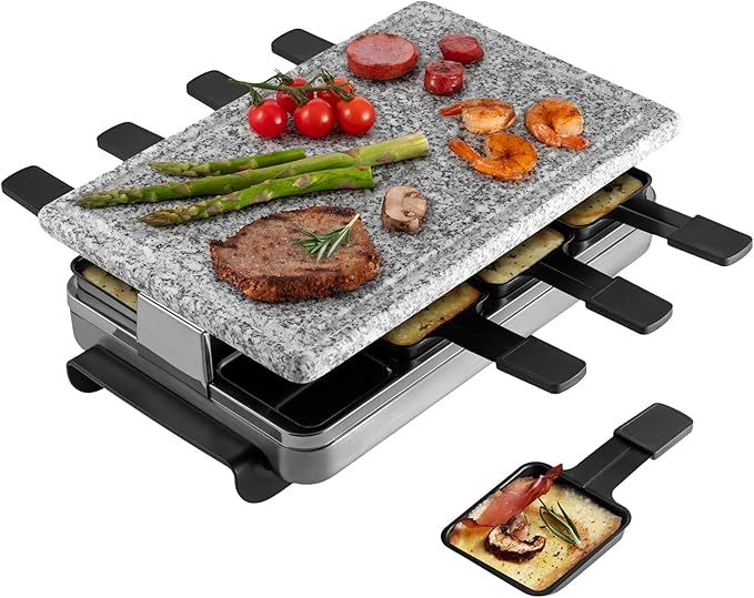 Swissmar Stelvio Raclette Party Grill with Granite Stone Non-Stick Grill Plate/Crepe Top, Outdoor & Indoor Electric BBQ Grill, Samgyupsal Griller - Brushed Stainless Steel - 8-Person - Silver