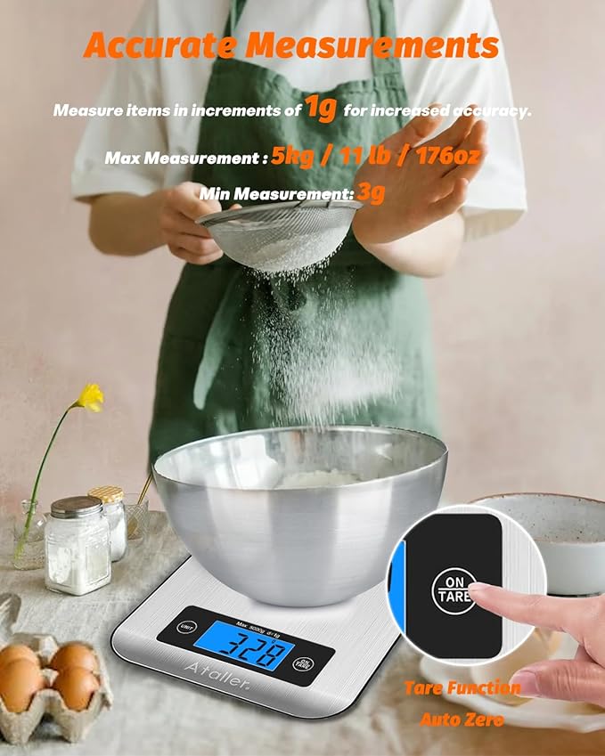 Ataller Smart Food Scales with Nutritional Calculator, Smartphone App with 26 Nutrients Tracking, Calorie, Marco, Digital Kitchen Weight Grams and Ounces for Weight Loss, 11 Pounds, Stainless Steel