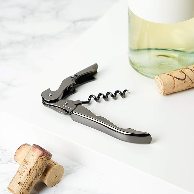 Viski Gunmetal Signature Double Hinged Waiters Corkscrew Wine Opener, Stainless Steel with Built-in Bottle Opener & Foil Cutter for Home Bar, Kitchen, Travel, Gifts for Wine Lovers, Set of 1, Black