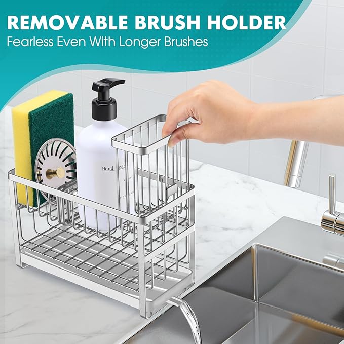 Sinnsally Kitchen Sponge Holder,2 Tier Sink Caddy Organizer with High Brush Holder,Stainless Steel Sink Box Dish Scrubber Holder,Soap Tray for Kitchen Counter Accessories & Storage Rack (Silver)