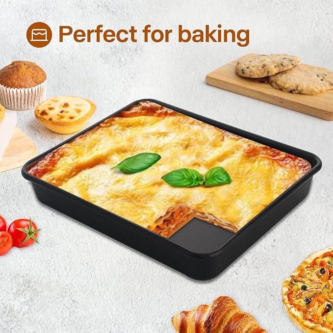 Rectangle Cake Pan, Deep Baking Pans Set Nonstick, 9/11/13 Inch, Heavy Duty Thickness Bakeware Roasting Tray for Toaster Oven, Thanksgiving Christmas Roast Turkey Pan, 3-Pack, Black