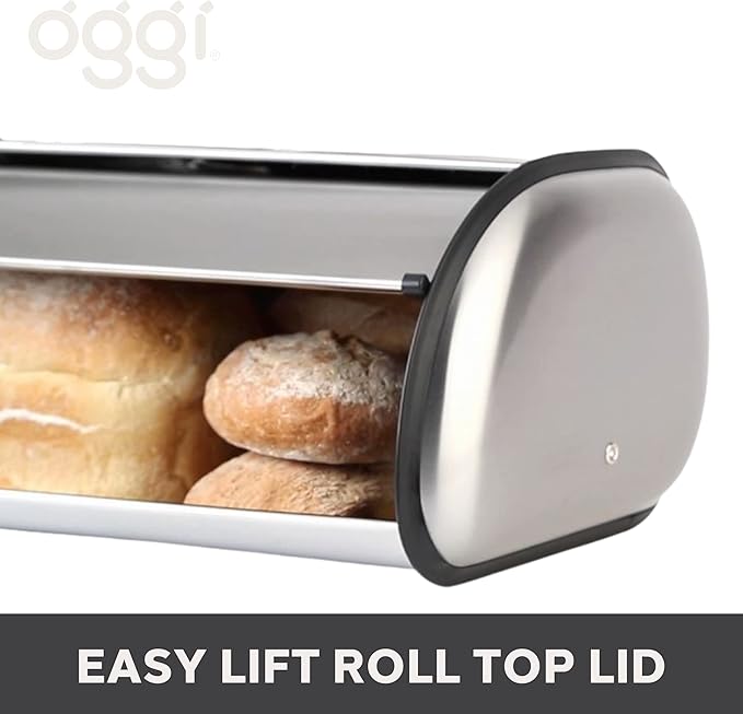 Oggi Stainless Steel Roll Top Bread Box for Kitchen Countertop with Stainless Steel Lid - Fits Multiple Large Loaves of Bread and Other Freshly Baked Goods Including Cookies, Bagels, Muffins