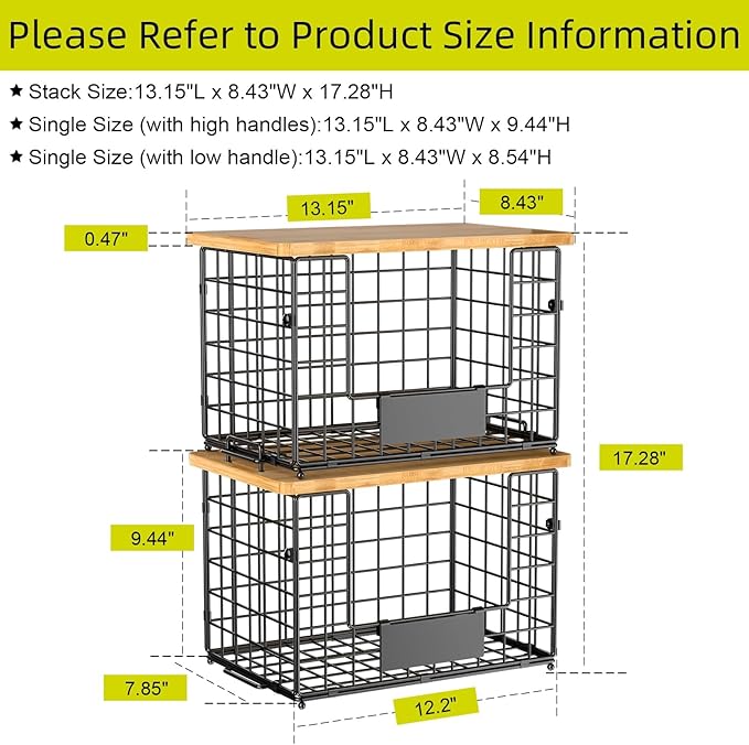 keomaisyto 2 Set XL Stackable Wire Baskets with Bamboo Top- Pantry Organizers and Storage, Kitchen Organization Counter Storage Bins for Potato/Onion/Fruit/Vegetable/Produce, Under Sink Organizing