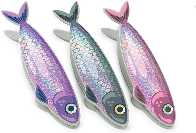 Genuine Fred FISH 'N CLIPS Sardine Bag Clips, Set of 4 Food Storage Clips, Iridescent Finish, Double-Sided, Durable Plastic and Stainless Steel Springs, Fun Kitchen Accessories and Great Gift