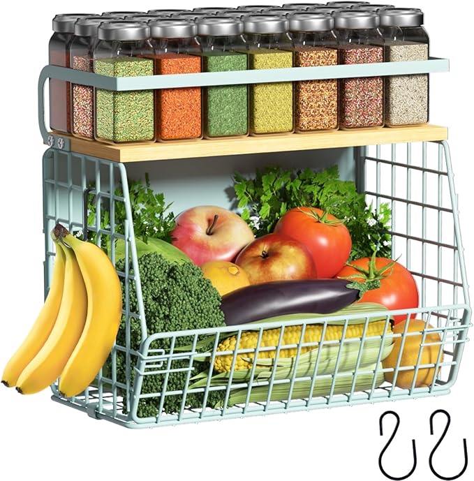 Magnetic Shelf for Fridge with Wood Lid, Fruit Potato and Onion Storage Bins, Pantry Organizers & Storage, Large Container Magnetic Spice Rack for Refrigerator, Kitchen Counter, Cabinet (Blue, 1)