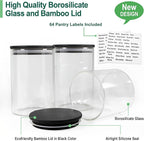 Urban Green Glass Jars with Black Lids, Glass food storage container sets with black lids, Airtight Canisters Sets with Bamboo Lids. Pantry Jar (3 Pack of 48oz)