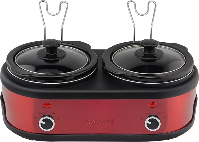 Courant 3.2-Quart Double Slow Cooker (1.6-Qt each) w/Warm Settings, Stainproof Stoneware Pots and Glass Lids – Red Stainless Steel