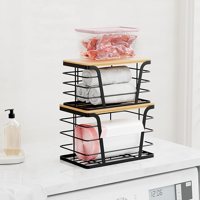 2 Pack Stackable Storage Laundry Kitchen Organizers, Wall Mount Trash Bag Holder with Bamboo Top and Garbage Bag Dispenser No Drill