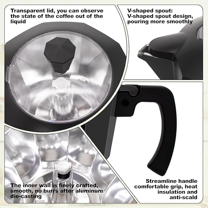 Electric Aluminum Moka Pot 5-6 Cup 270ml Espresso Maker with Detachable Base Ideal Coffee Makers for Home MochaPot Italian and Cuban Café Coffeemaker Espressomaker CoffeePot Black