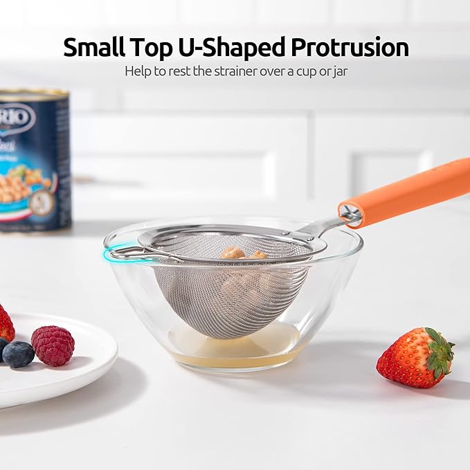 18/8 Stainless Steel Mesh Strainer: U-Taste 3.9 Inch Kitchen Fine Mesh Sieve Food Colander with Riveted Sturdy Silicone Handle and 30 Mesh Hole for Straining Flour, Quinoa, Tea, Juice (Orange)