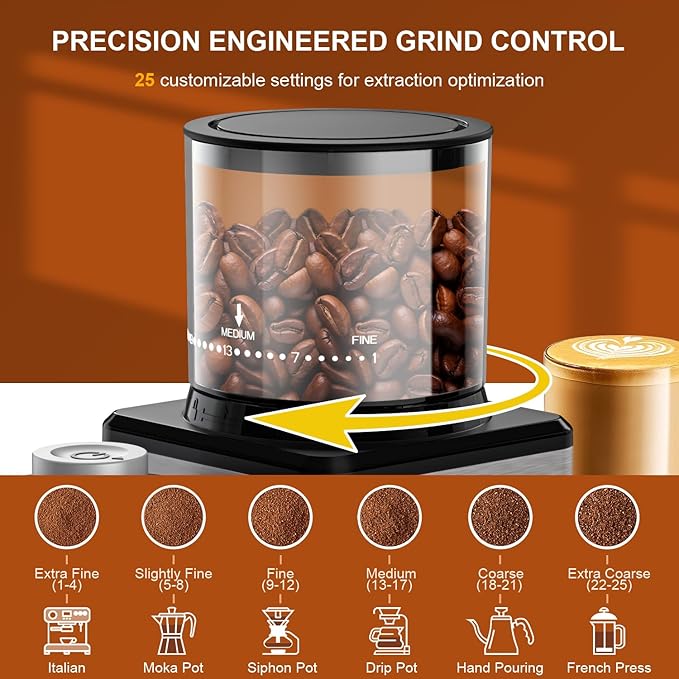 Wancle Conical Burr Coffee Grinder, Coffee Bean Grinder with Adjustable Grind Settings for Espresso, Drip & French Press, Low Noise & Anti-static with Powder Blower, Stainless Steel Burr