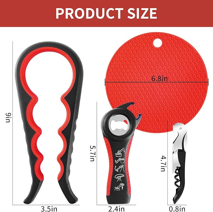 Bloss Anti-skid Jar Opener Can Opener Kitchen Grippers,4 in 1 Multi Function Bottle Opener Lid Opener for Seniors with Arthritis, Caps and Bottles Kitchen Gadgets For Small Hands or Seniors,Black Red