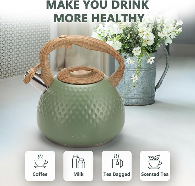 harriet Tea Kettle, Tea Pot for Stovetop, 2.5QT Whistling Kettle with 5-Layers bottom, Food Grade Stainless Steel Kettles with Hot-Resistant Handle Gas Electric Applicable, Green